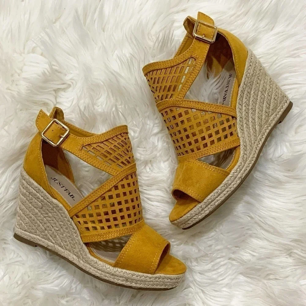 JustFab Mabel Yellow Espadrille Wedge Sandals Size 6.5 Platform Ankle Strap